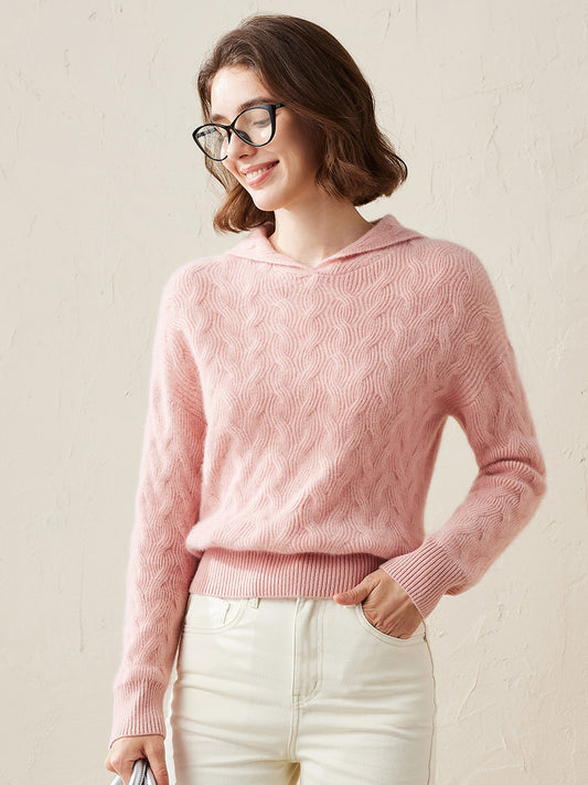 COMOBOCA Pink 100% Cashmere Women's Cable Knit Hooded Sweater