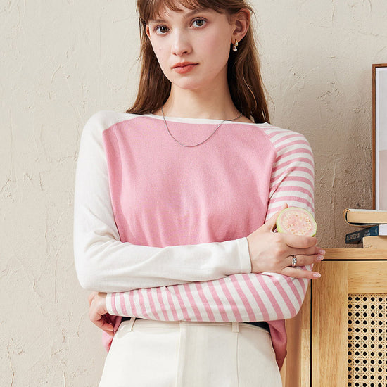 COMOBOCA Pink 100% Wool Women's Striped Sleeve Contrast Knit Worsted Sweater