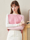 COMOBOCA Pink 100% Wool Women's Striped Sleeve Contrast Knit Worsted Sweater