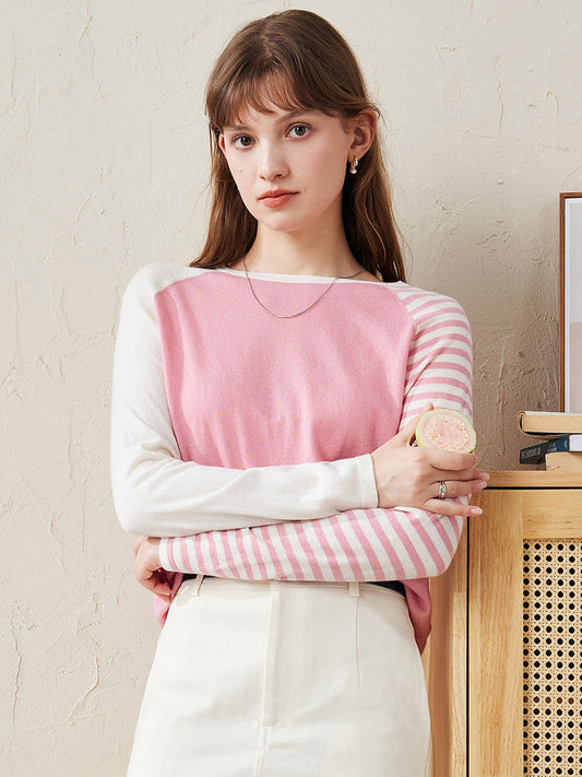 COMOBOCA Pink 100% Wool Women's Striped Sleeve Contrast Knit Worsted Sweater