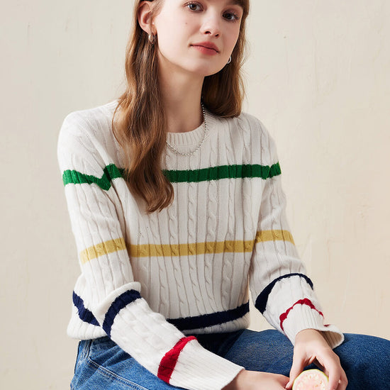 COMOBOCA 100% Wool Women's Colorful Striped Cable Knit Sweater