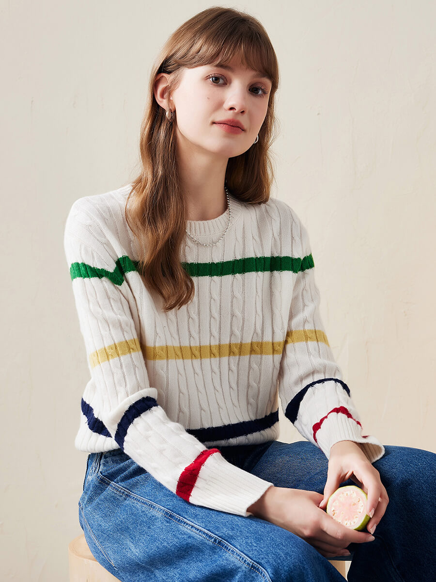 COMOBOCA 100% Wool Women's Colorful Striped Cable Knit Sweater