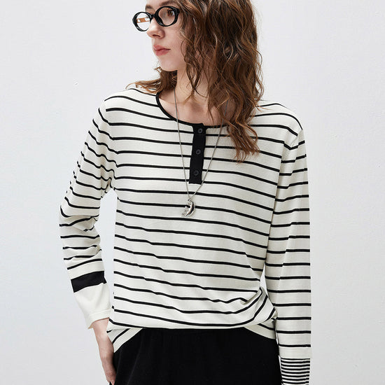 COMOBOCA Women's Stripe Henley Round Neck Sweater