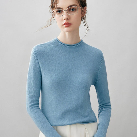 COMOBOCA M DULL BLUE 100% Cashmere Women's Round Neck Knit sweater