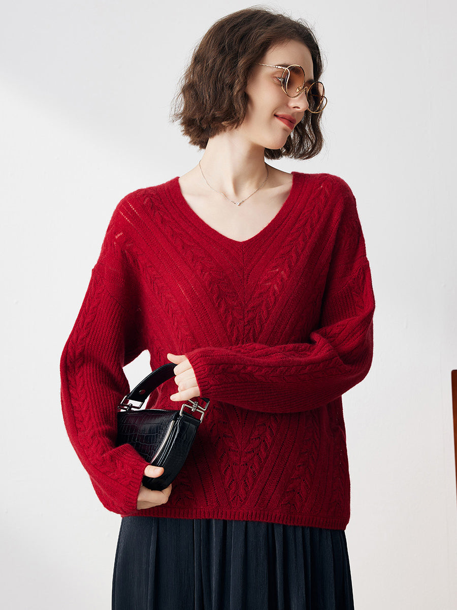 COMOBOCA RED 100% Cashmere Women's V-Neck Drop Shoulder Sweater