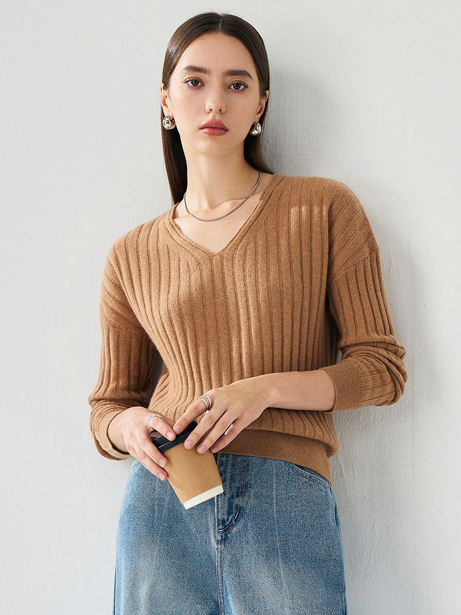 COMOBOCA 100% Cashmere Women's Cozy Ribbed V-Neck Sweater