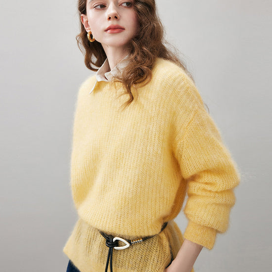 COMOBOCA Women's Mohair Sheer Knit Round Neck Sweater