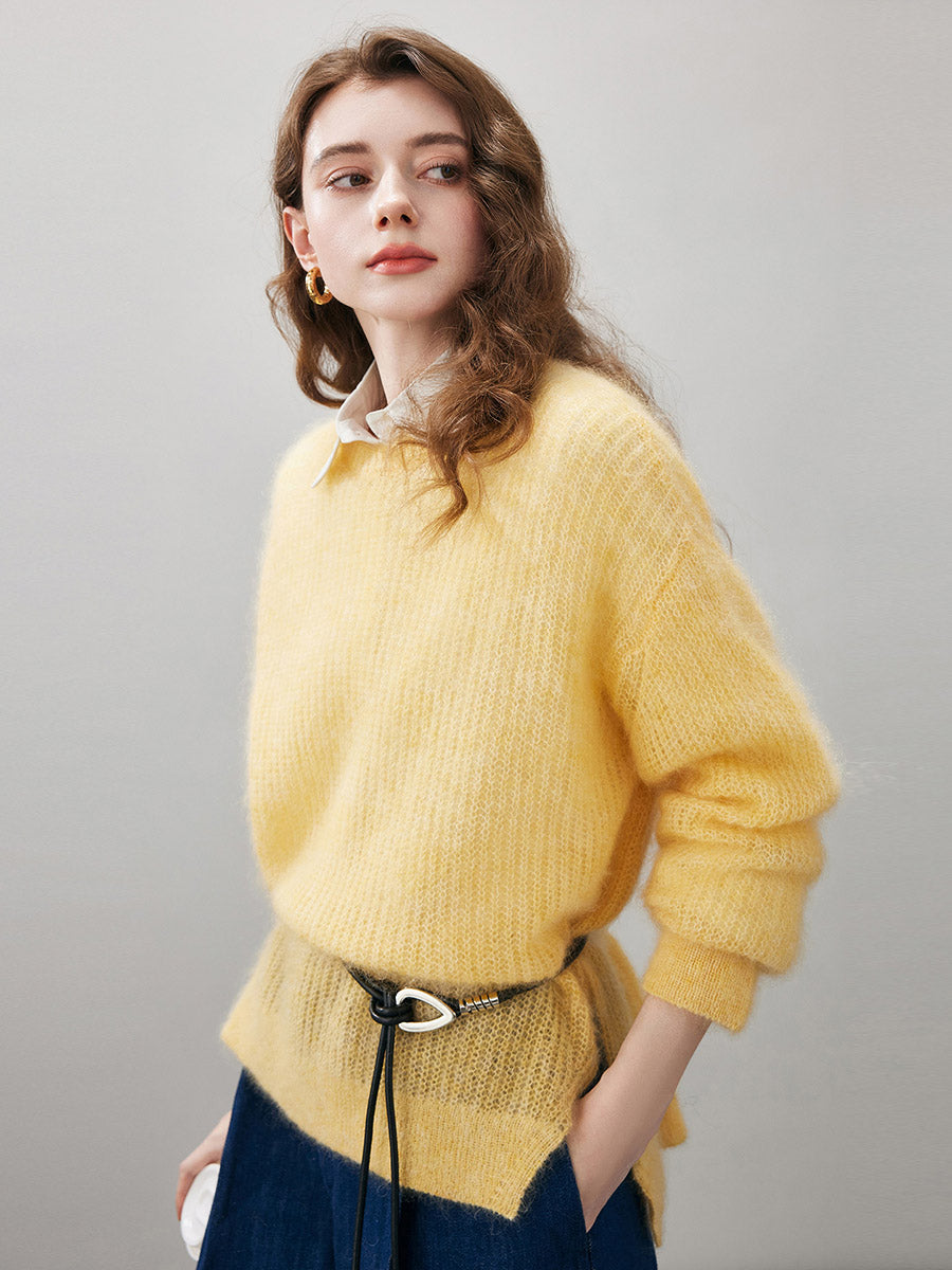 COMOBOCA Women's Mohair Sheer Knit Round Neck Sweater