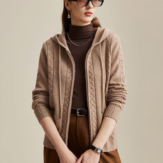 COMOBOCA 100% Wool Women's Cable Knit Zip Cardigan Hoodie
