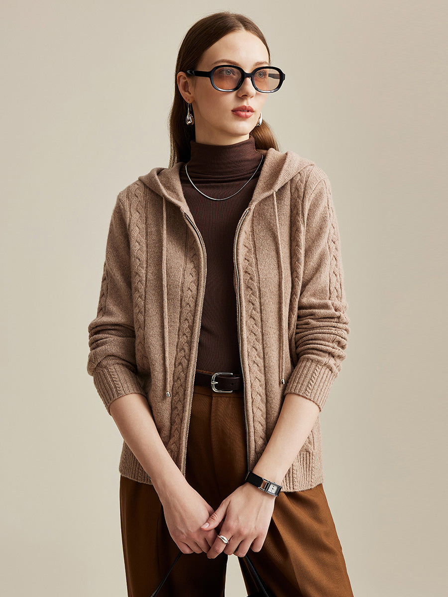 COMOBOCA 100% Wool Women's Cable Knit Zip Cardigan Hoodie