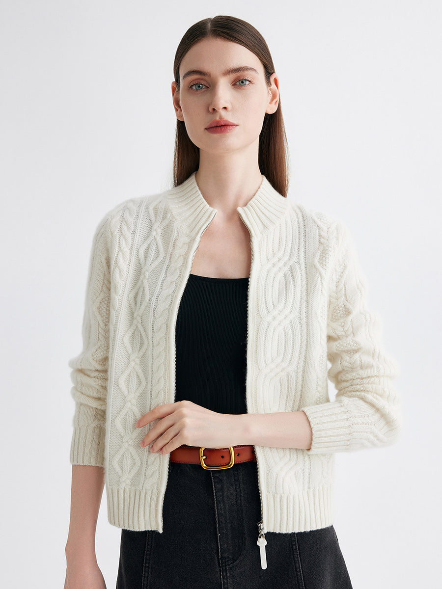100% Cashmere Women's Cable Knit Zip Up Cardigan – COMOBOCA