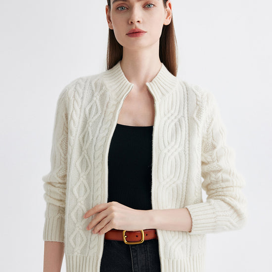 COMOBOCA Cloudy 100% Cashmere Women's Cable Knit Zip Up Cardigan