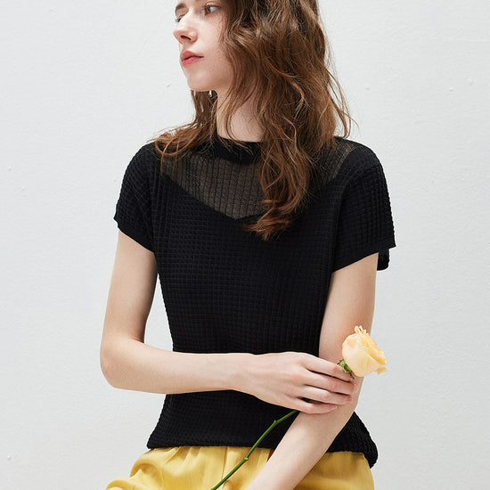 COMOBOCA Women's Waffle Knit Cap Sleeve T-Shirt with Sheer Yoke