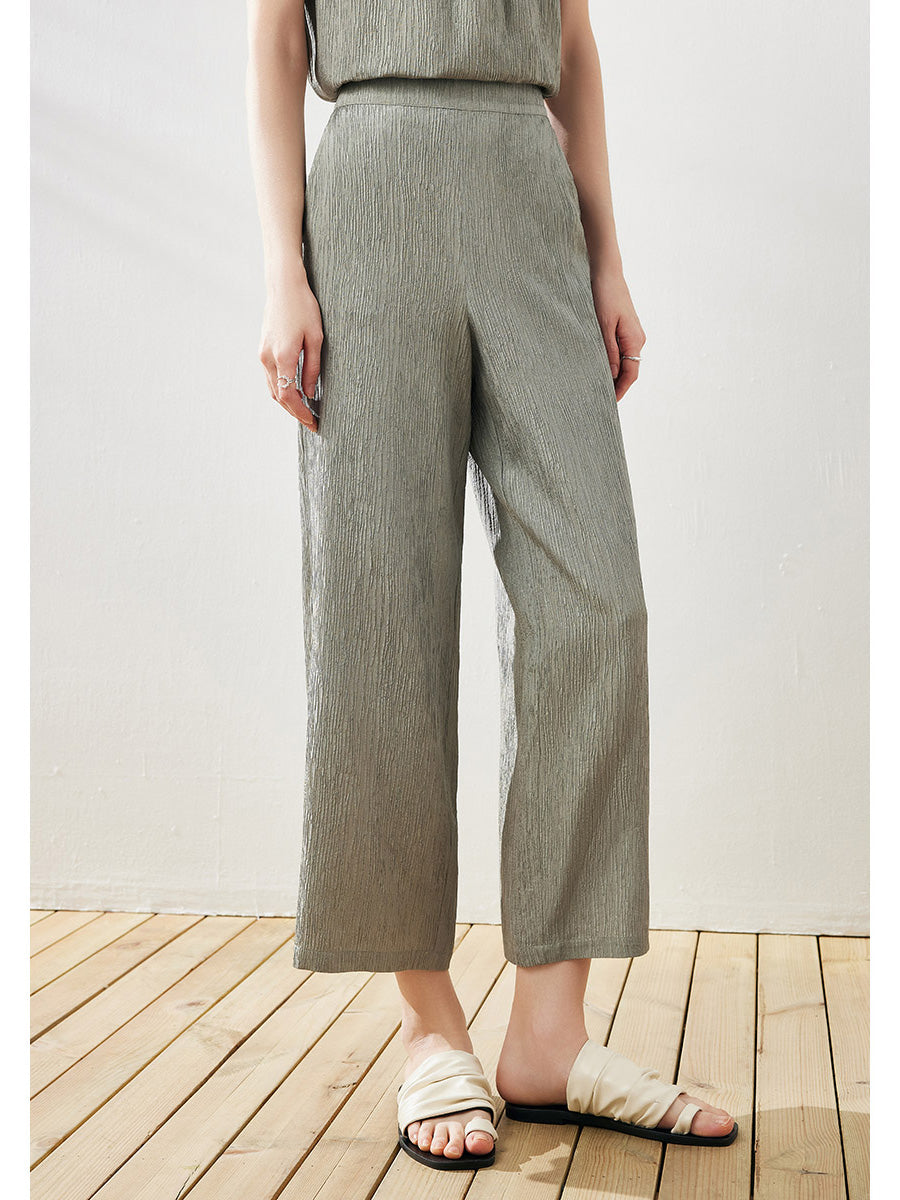 COMOBOCA Women's Elastic Waistband Crinkled Wide Leg Pants