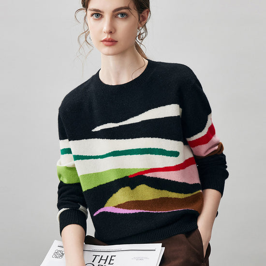 COMOBOCA 100% Cashmere Women's Abstract Pattern Round Neck Sweater