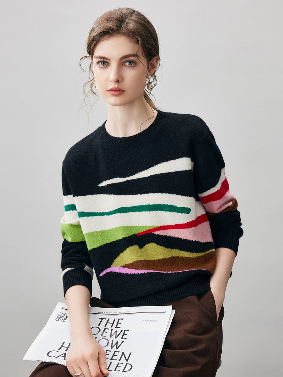COMOBOCA 100% Cashmere Women's Abstract Pattern Round Neck Sweater