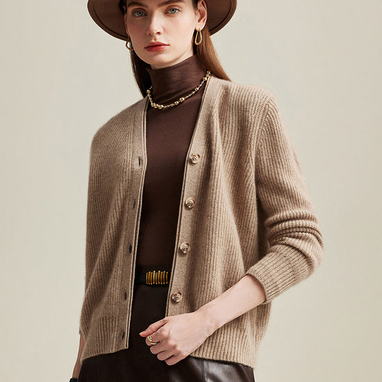 COMOBOCA Camel 100% Cashmere Women's V-Neck Ribbed Button Cardigan