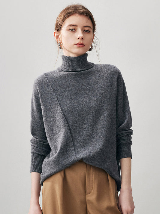 COMOBOCA Gray 100% Cashmere Women's Asymmetric Turtleneck Sweater