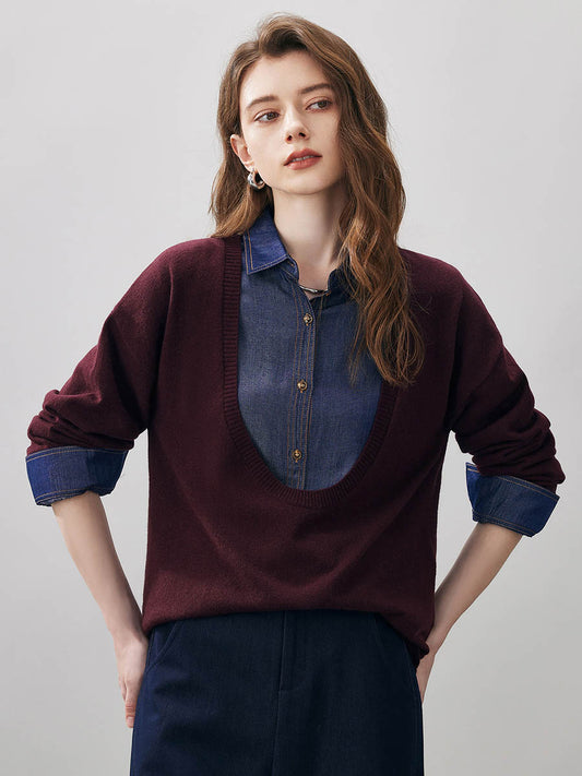 COMOBOCA Deep Red 100% Wool Women's Oversized U-Neck Sweater