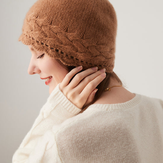 COMOBOCA 100% Cashmere Women's Crochet Trim Cable Knit Beanie