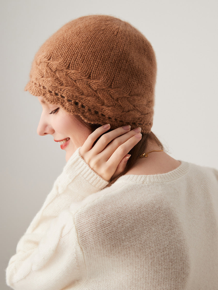 COMOBOCA 100% Cashmere Women's Crochet Trim Cable Knit Beanie