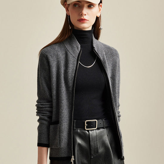 COMOBOCA 100% Cashmere Women's Contrast Trim Dual Zip Pocket Cardigan