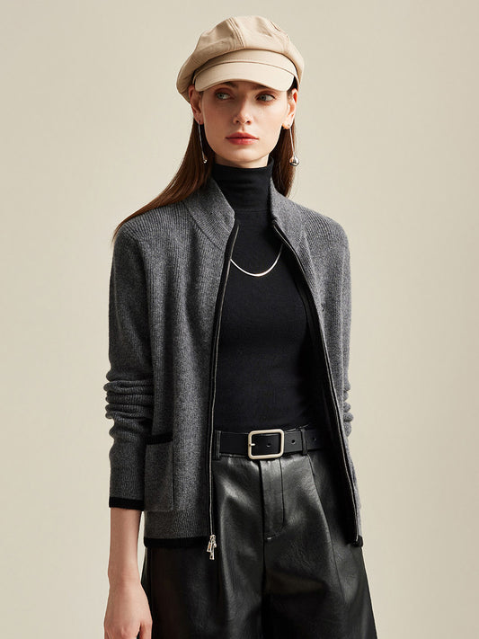 COMOBOCA 100% Cashmere Women's Contrast Trim Dual Zip Pocket Cardigan