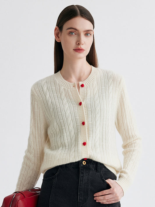 COMOBOCA Beige 100% Cashmere Women's Cable Button Front Knit Cardigan