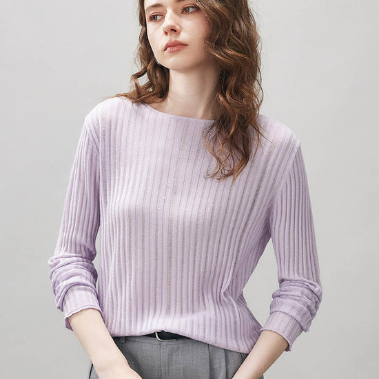 COMOBOCA Lavender Bloom Women's Ribbed Round Neck Knit Sweater