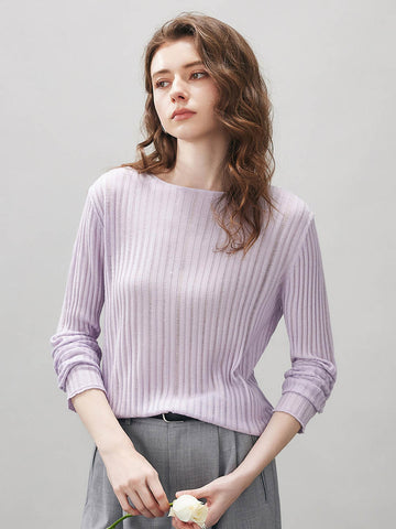 COMOBOCA Lavender Bloom Women's Ribbed Round Neck Knit Sweater