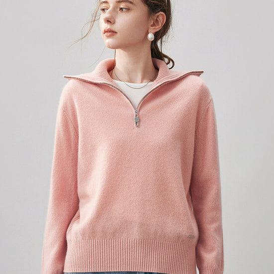 COMOBOCA 100% Cashmere Women's Half Zip Mock Neck Knit Sweater