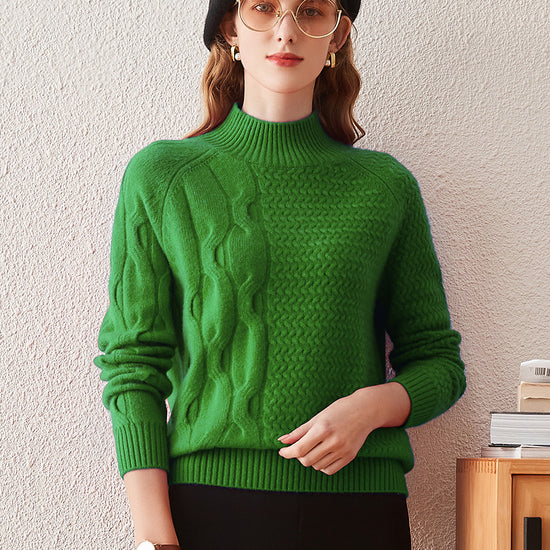 COMOBOCA GREEN 100% Cashmere Women's Mock Neck Knit Sweater