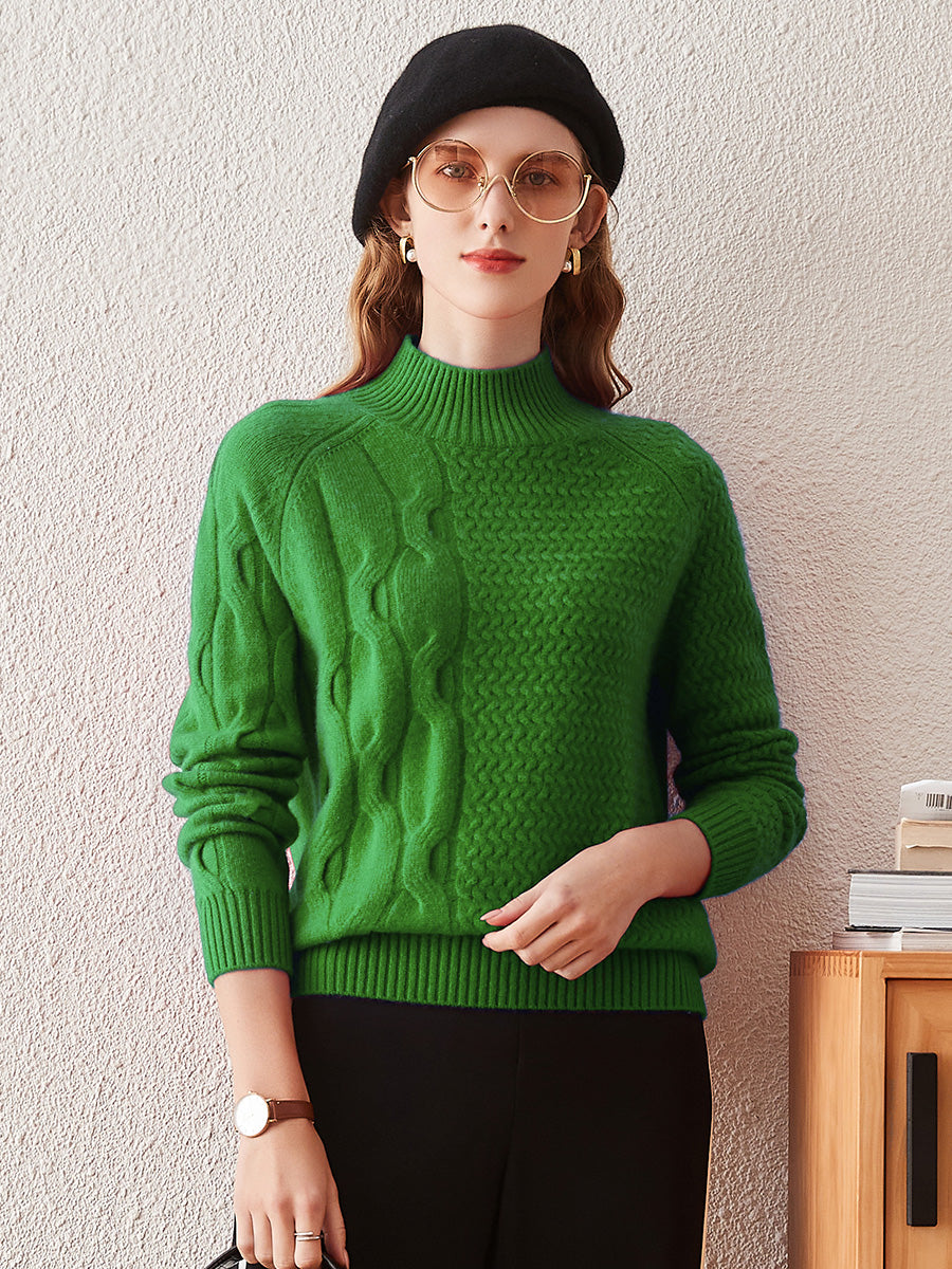 COMOBOCA GREEN 100% Cashmere Women's Mock Neck Knit Sweater