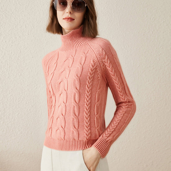 COMOBOCA 100% Cashmere Women's Turtleneck Cable Knit Sweater