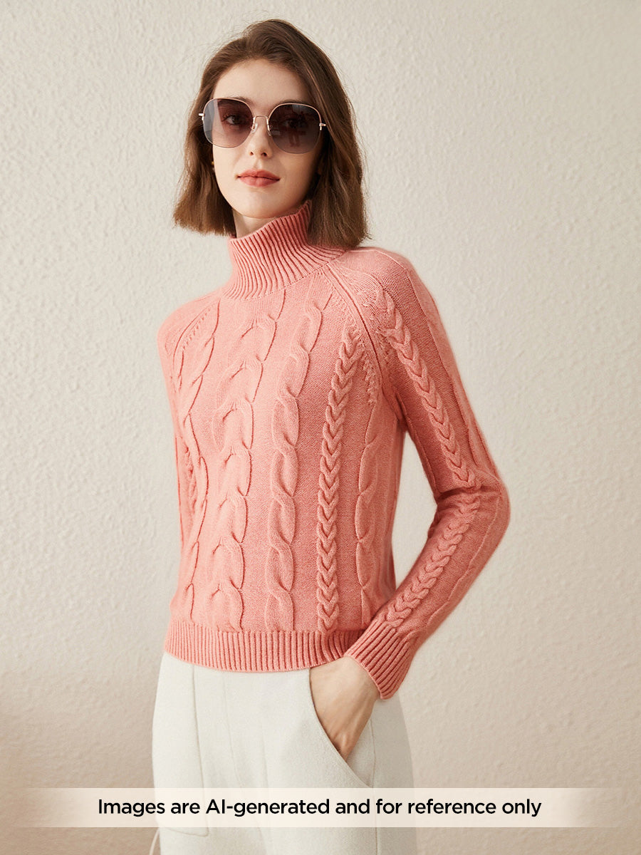 COMOBOCA 100% Cashmere Women's Turtleneck Cable Knit Sweater