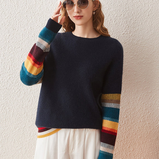 COMOBOCA Striped 100% Cashmere Women's Striped Round Neck Sweater