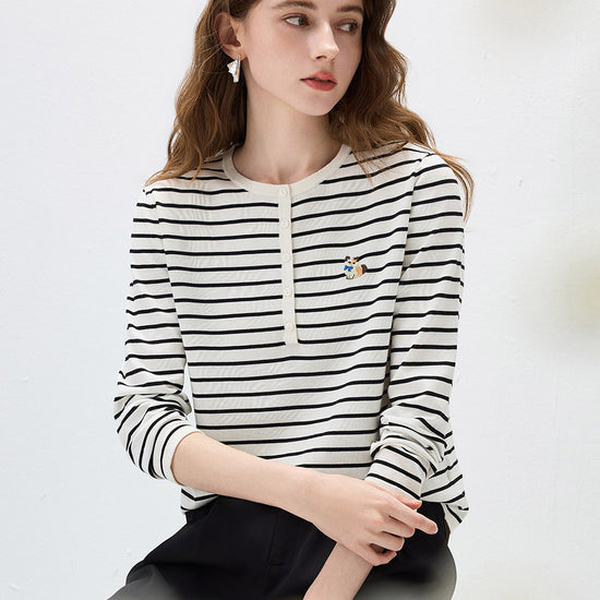 COMOBOCA Women's Striped Henley Button Knit Sweater