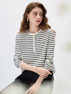 COMOBOCA Women's Striped Henley Button Knit Sweater
