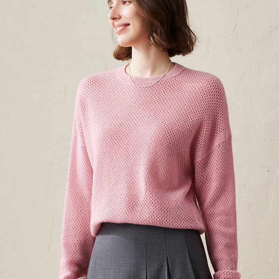 COMOBOCA Pink 100% Cashmere Women's Breathable Mesh Sweater