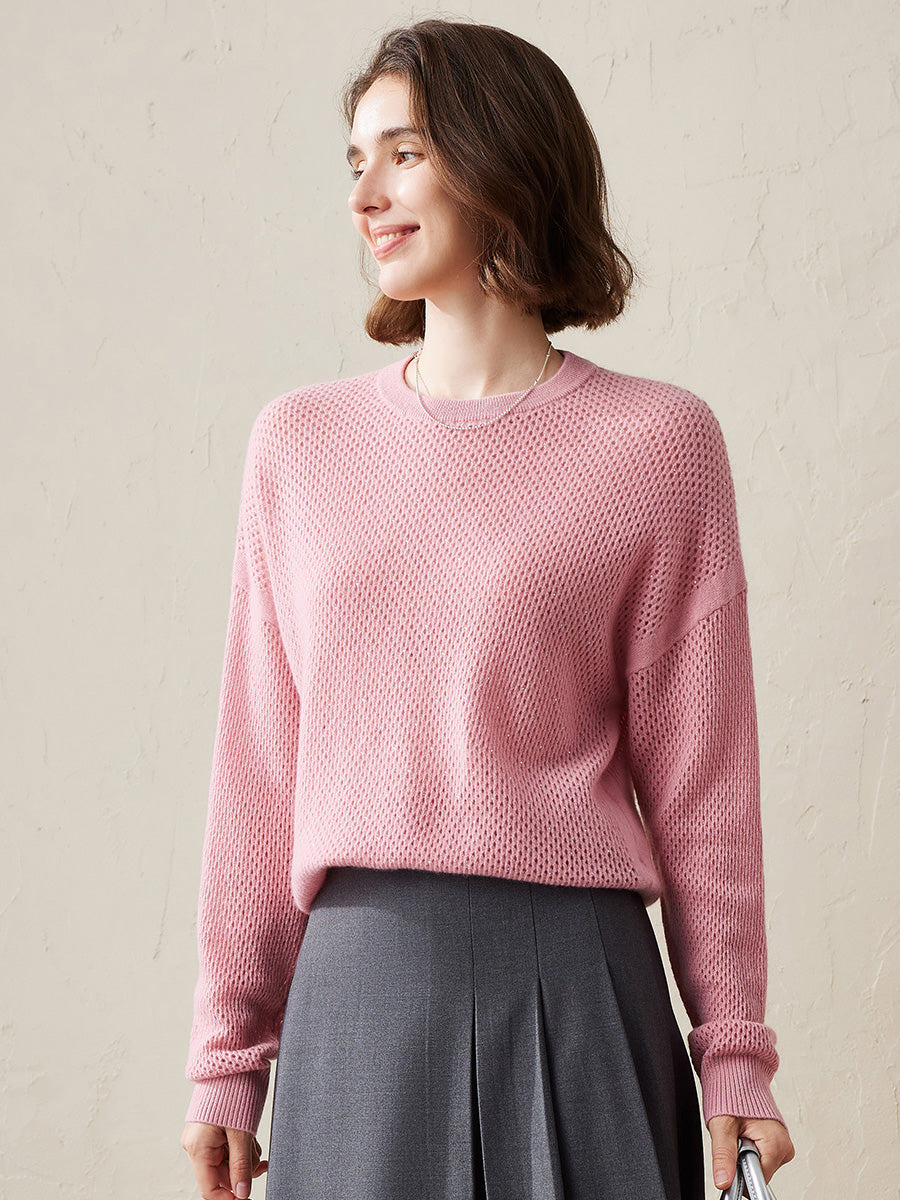 COMOBOCA Pink 100% Cashmere Women's Breathable Mesh Sweater