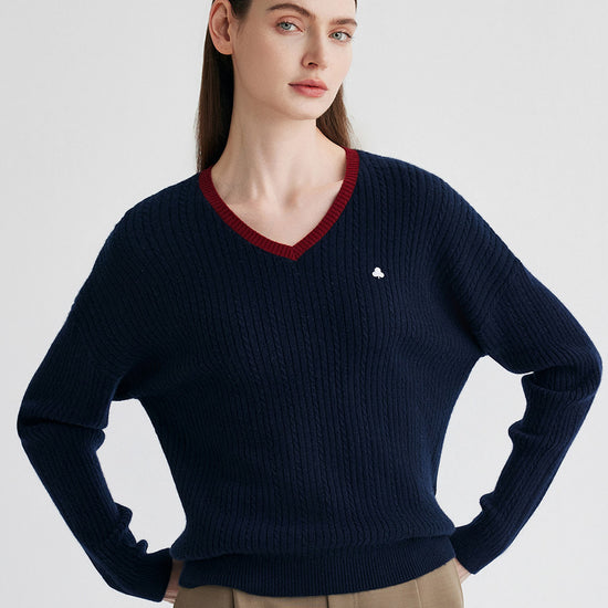 COMOBOCA 100% Cashmere Women's V-Neck Cable Knit Sweater