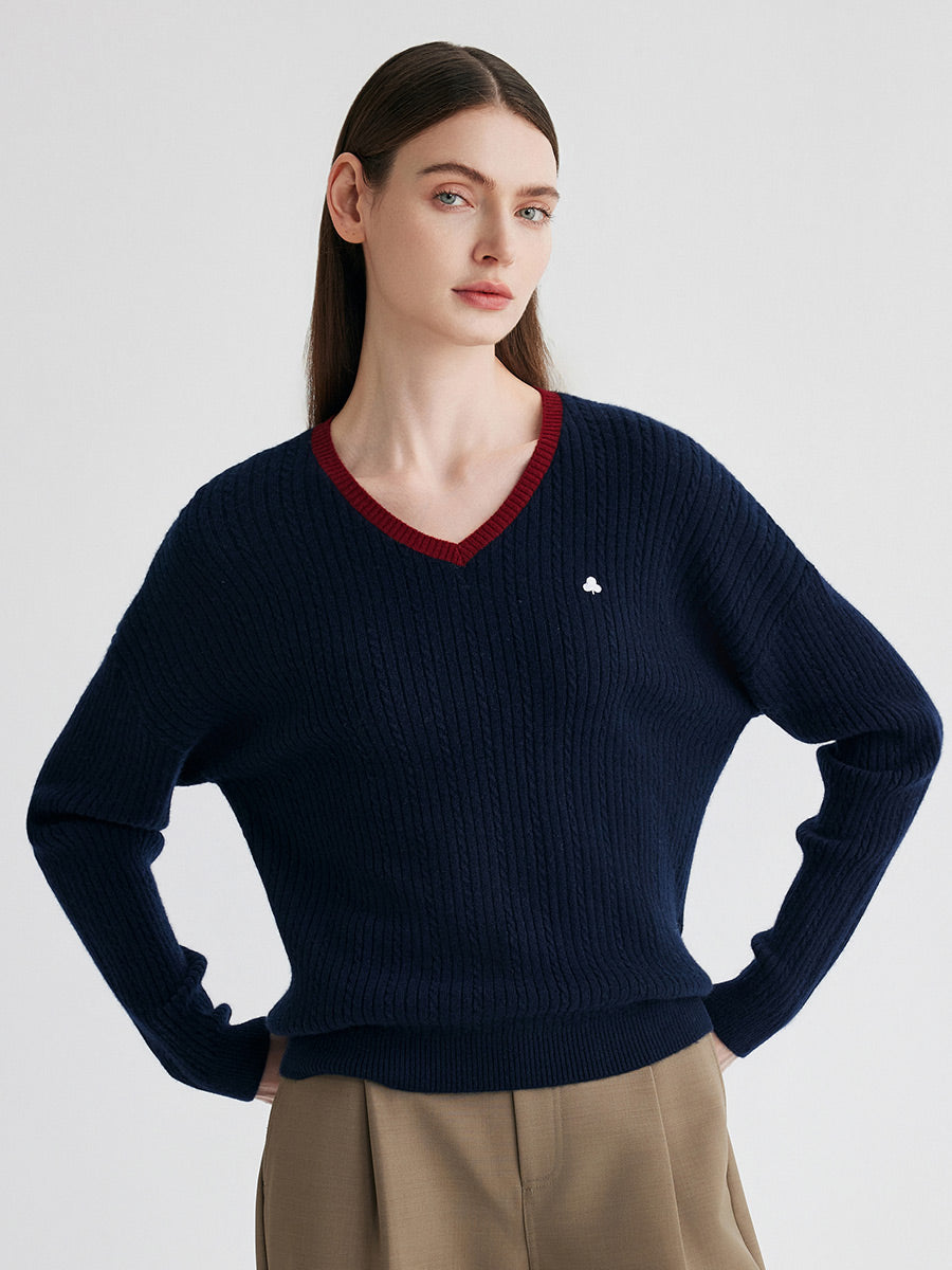 COMOBOCA 100% Cashmere Women's V-Neck Cable Knit Sweater