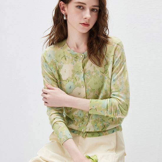 COMOBOCA Women's Watercolor Floral Print Knit Cardigan