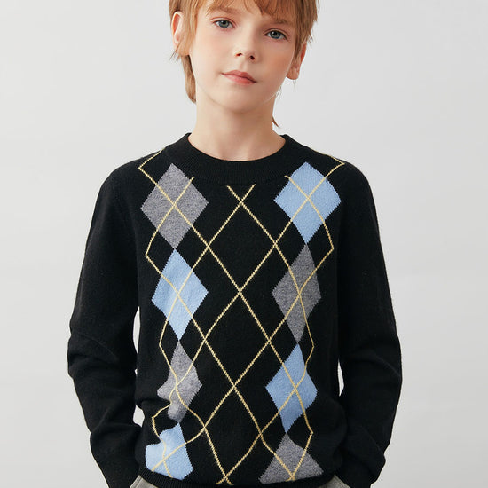 COMOBOCA Black 100% Wool Kids' Argyle Pattern Round Neck Sweater