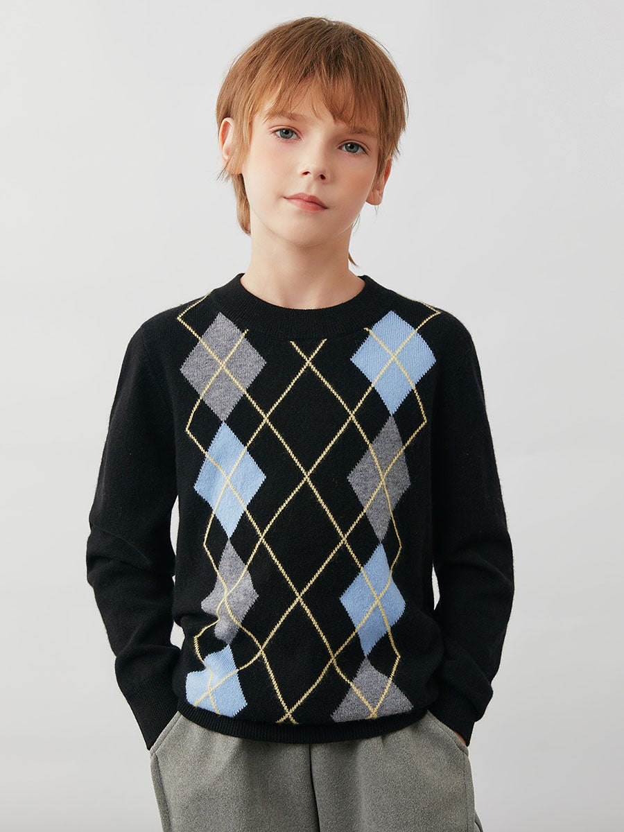 COMOBOCA Black 100% Wool Kids' Argyle Pattern Round Neck Sweater