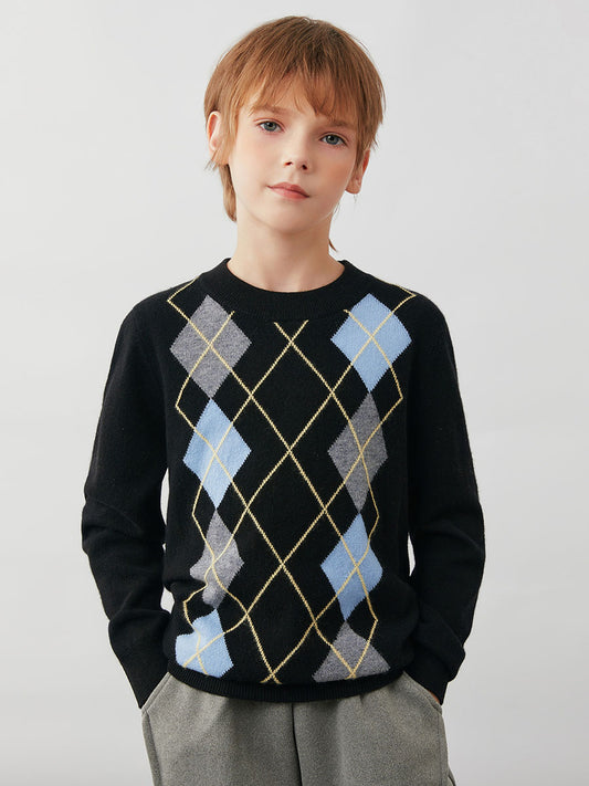 COMOBOCA Black 100% Wool Kids' Argyle Pattern Round Neck Sweater