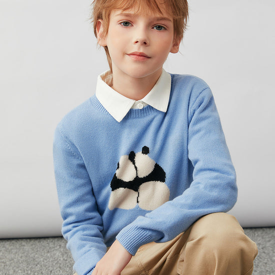 COMOBOCA 100% Wool Kids' Panda Pattern Round Neck Sweater