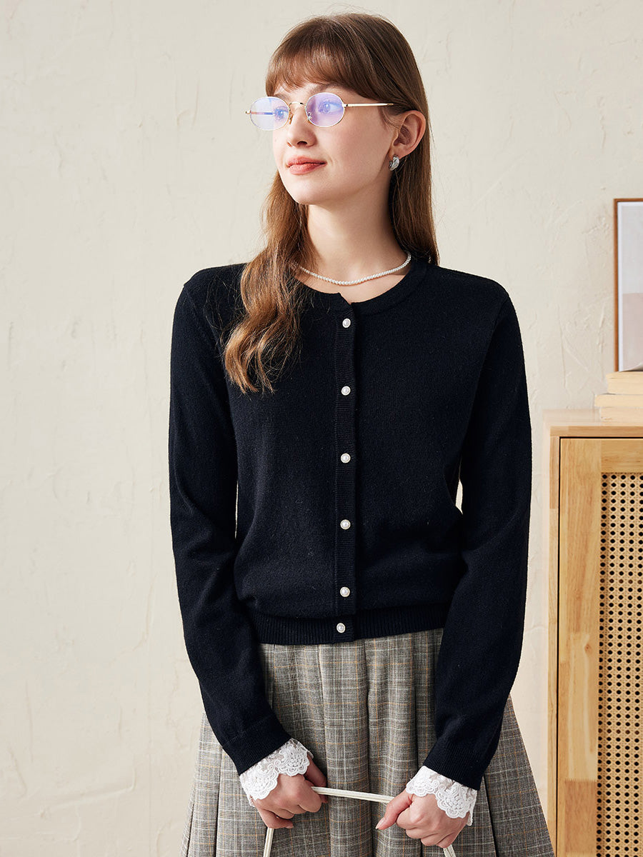 COMOBOCA 100% Wool Ribbed Extra Size Cardigan with Lace Cuffs