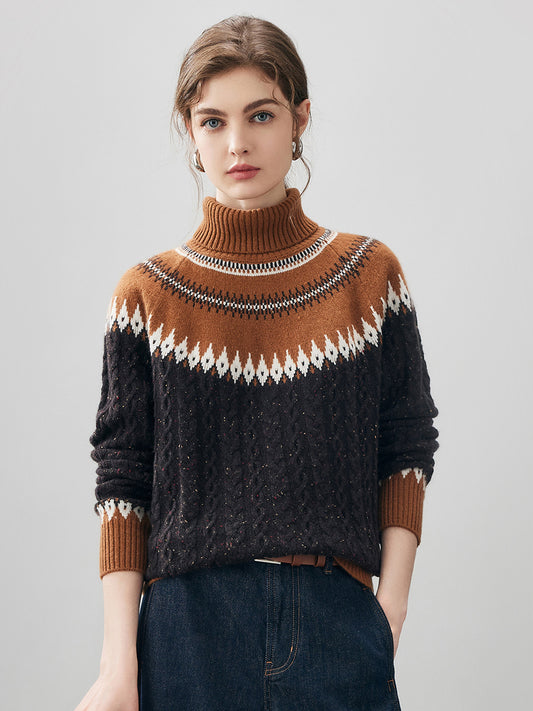COMOBOCA Fair Isle 100% Cashmere Women's Cable Fair Isle Turtleneck Sweater