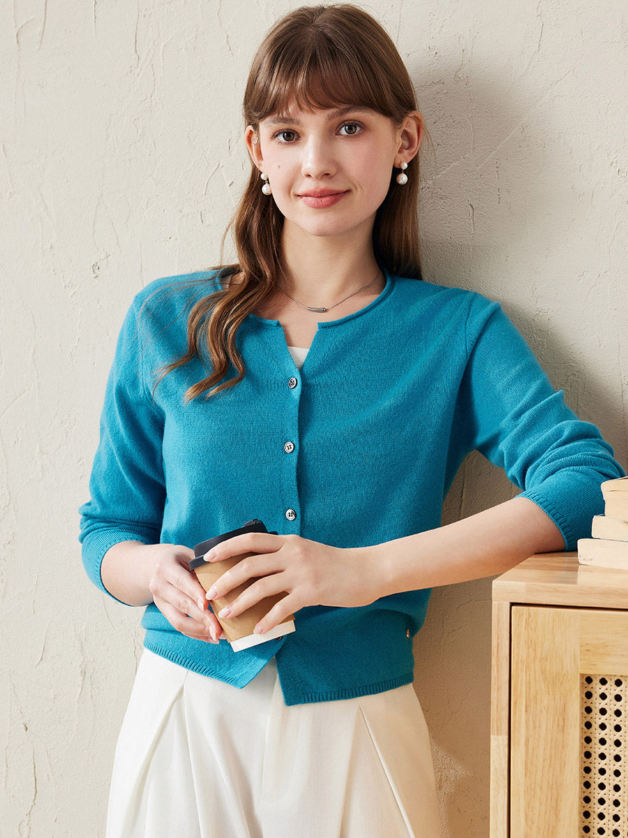 COMOBOCA Blue 100% Wool Women's V-Neck Button Up Cardigan